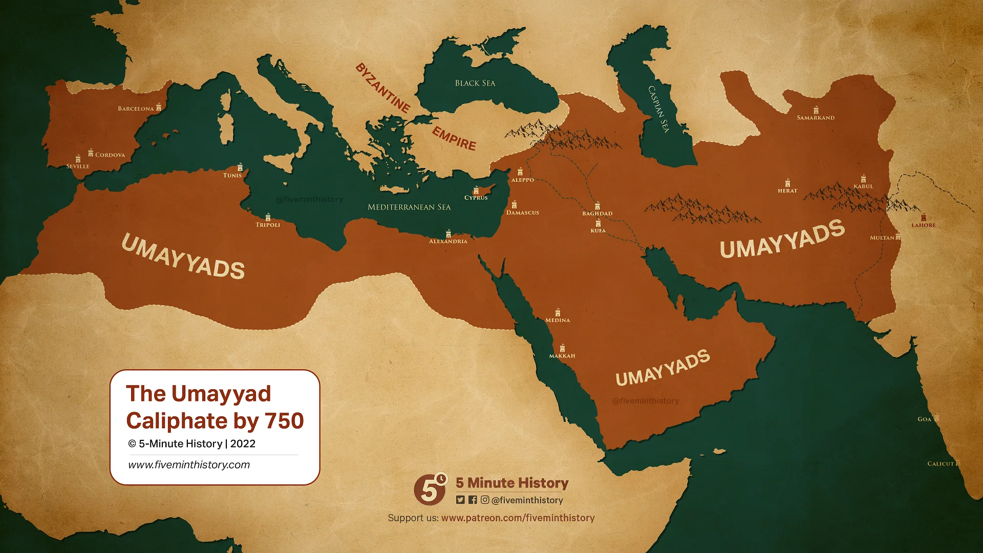 Map of Umayyad Caliphate at its greatest extent, 750 CE – Islamic ...